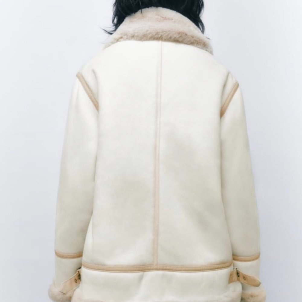 ZARA Women's Faux Suede Double Faced Long Jacket(Ecru, US L/EUR L) - Picture 4 of 16